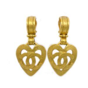 Chanel Dangle Heart Earrings Gold Clip-On 95P